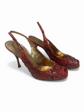 Vintage Dolce & Gabbana Red Peep-Toe Snake-Print Slingback Heels- Size 37.5